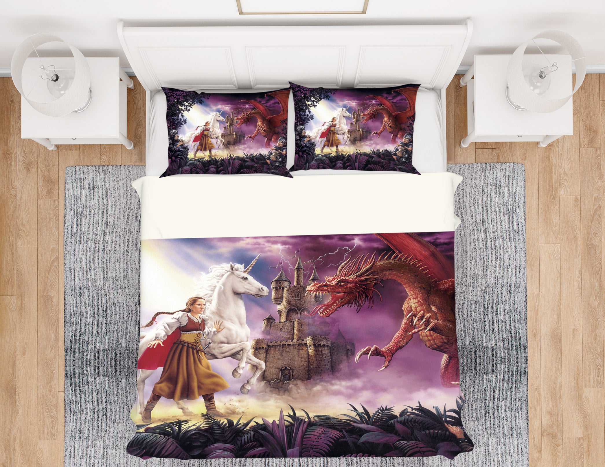 3D White Unicorn Red Dragon Castle 6184 Ciruelo Bedding Bed Pillowcases Quilt