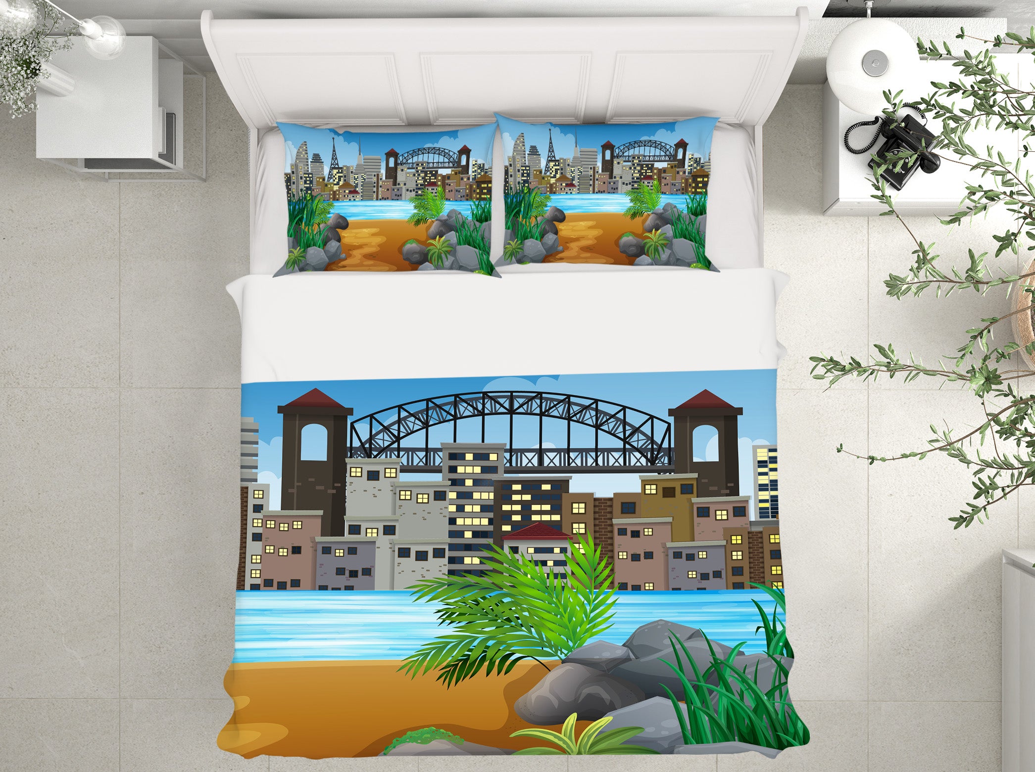 3D Houses River Bridge 19168 Bed Pillowcases Quilt