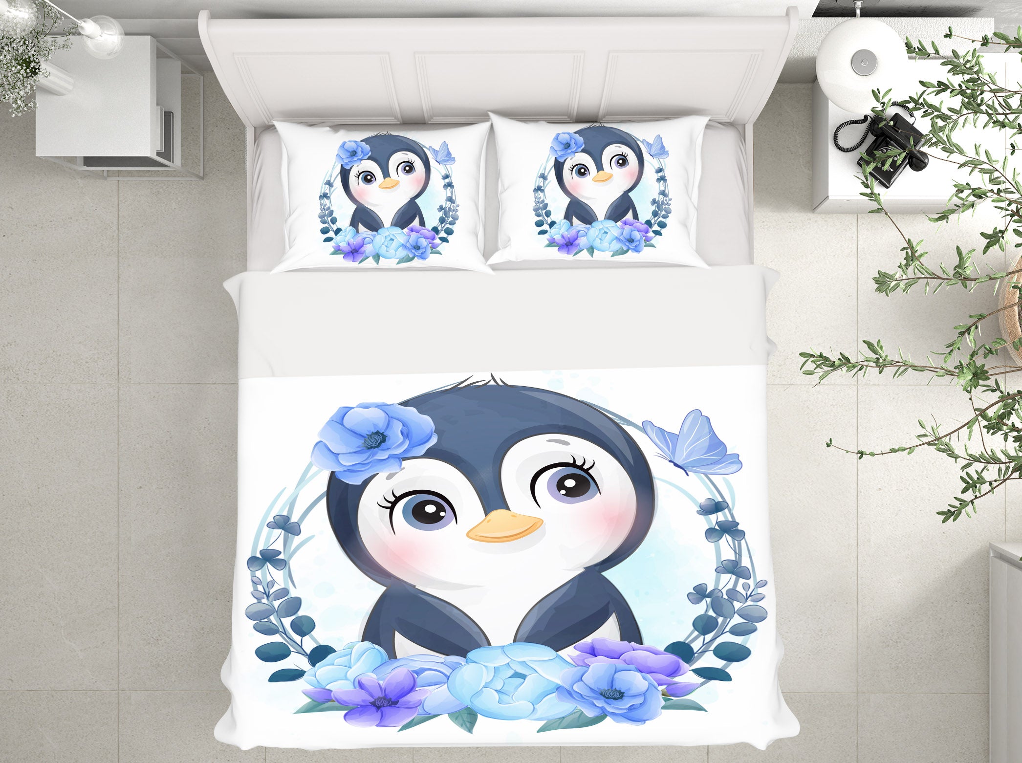 3D Blue Flower Penguin 58230 Bed Pillowcases Quilt