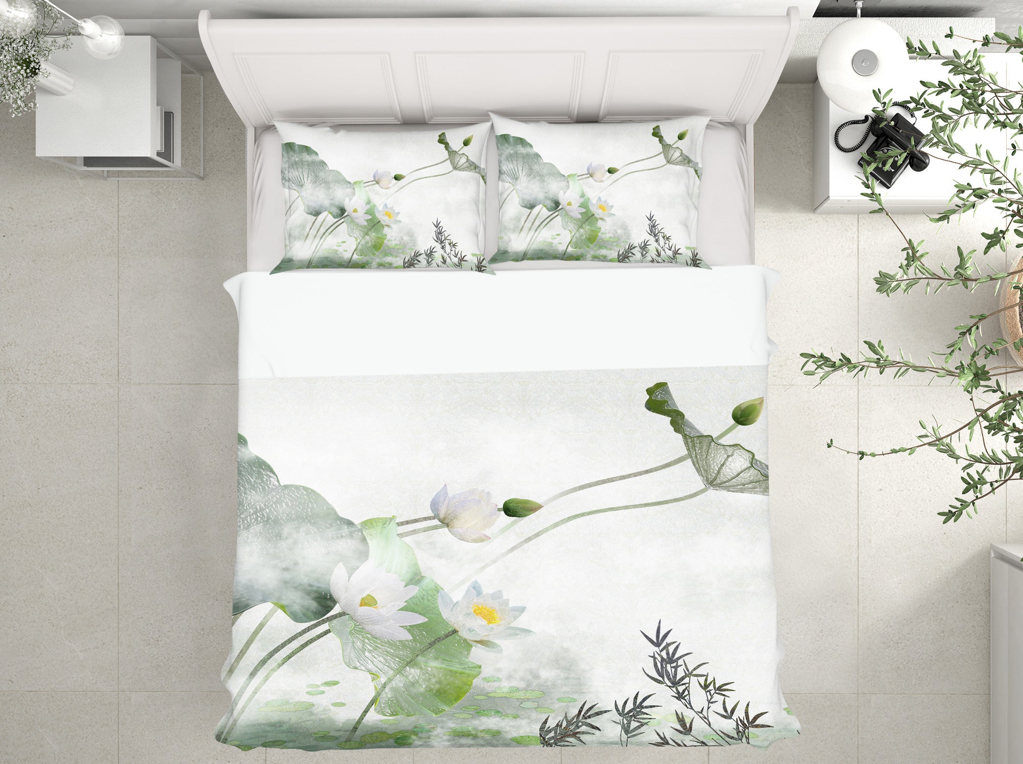 3D White Lotus 12090 Bed Pillowcases Quilt