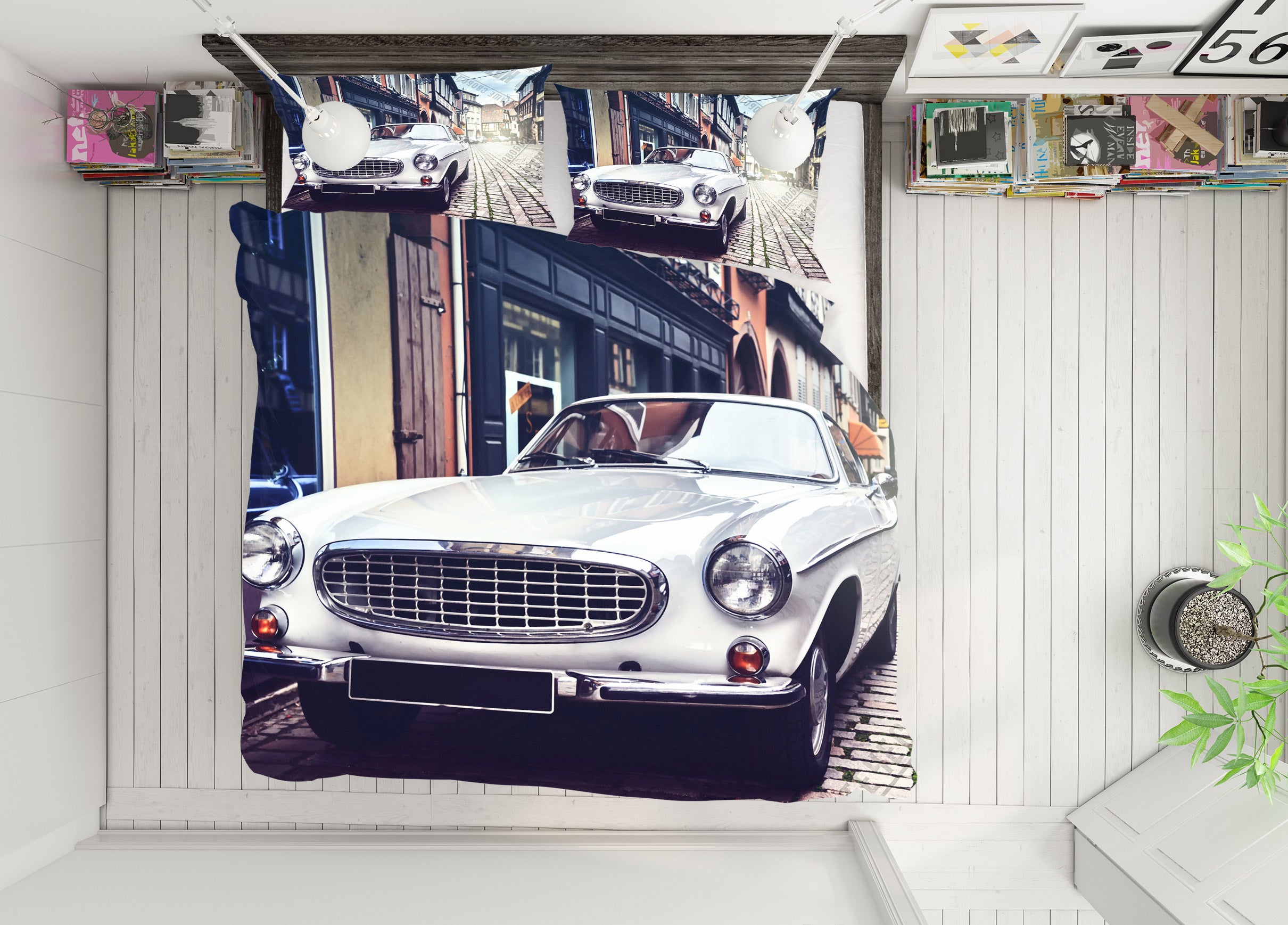 3D White Car 12110 Bed Pillowcases Quilt