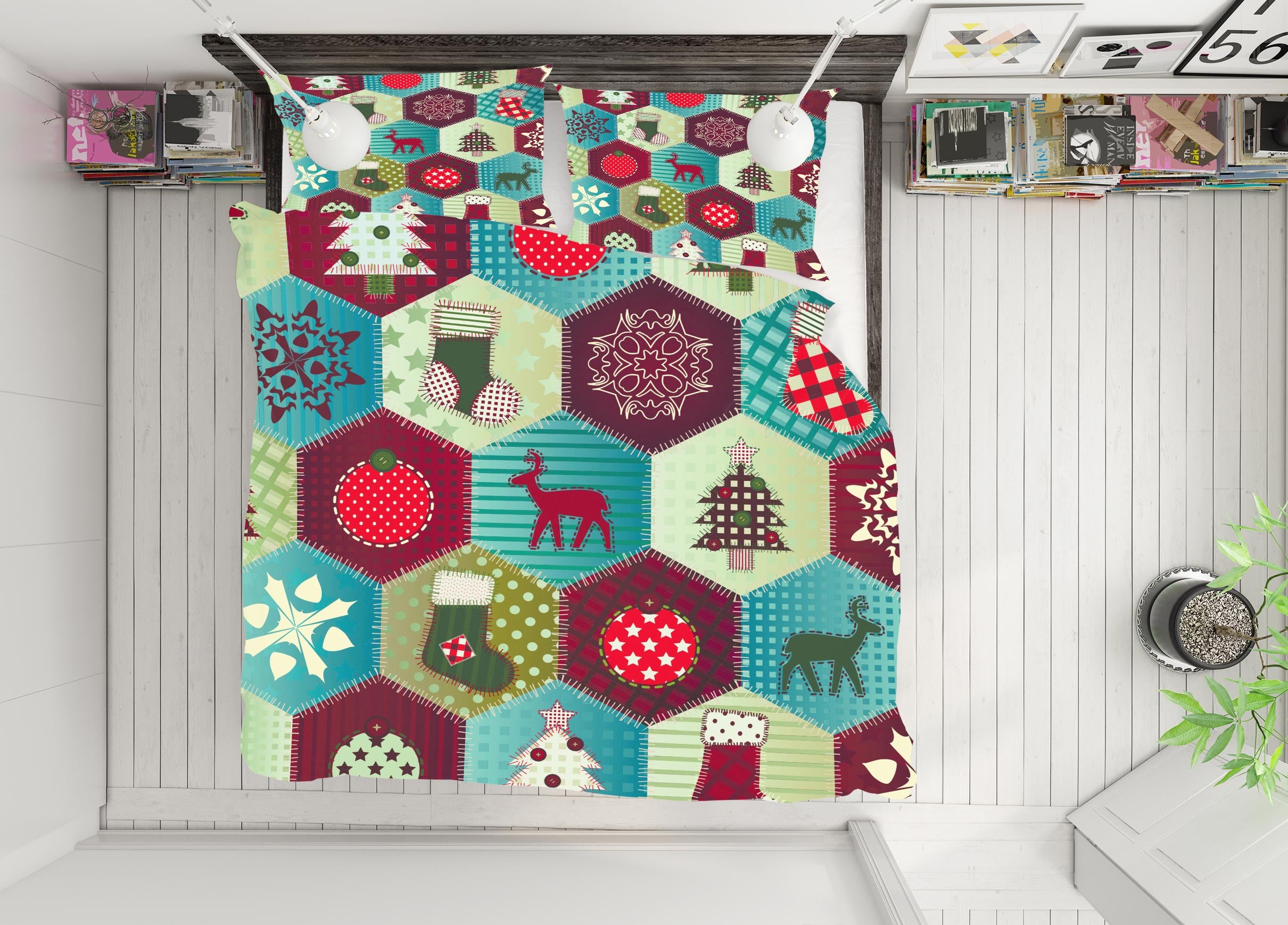 3D Hexagon Snowflake Deer 50037 Christmas Quilt Duvet Cover Xmas Bed Pillowcases