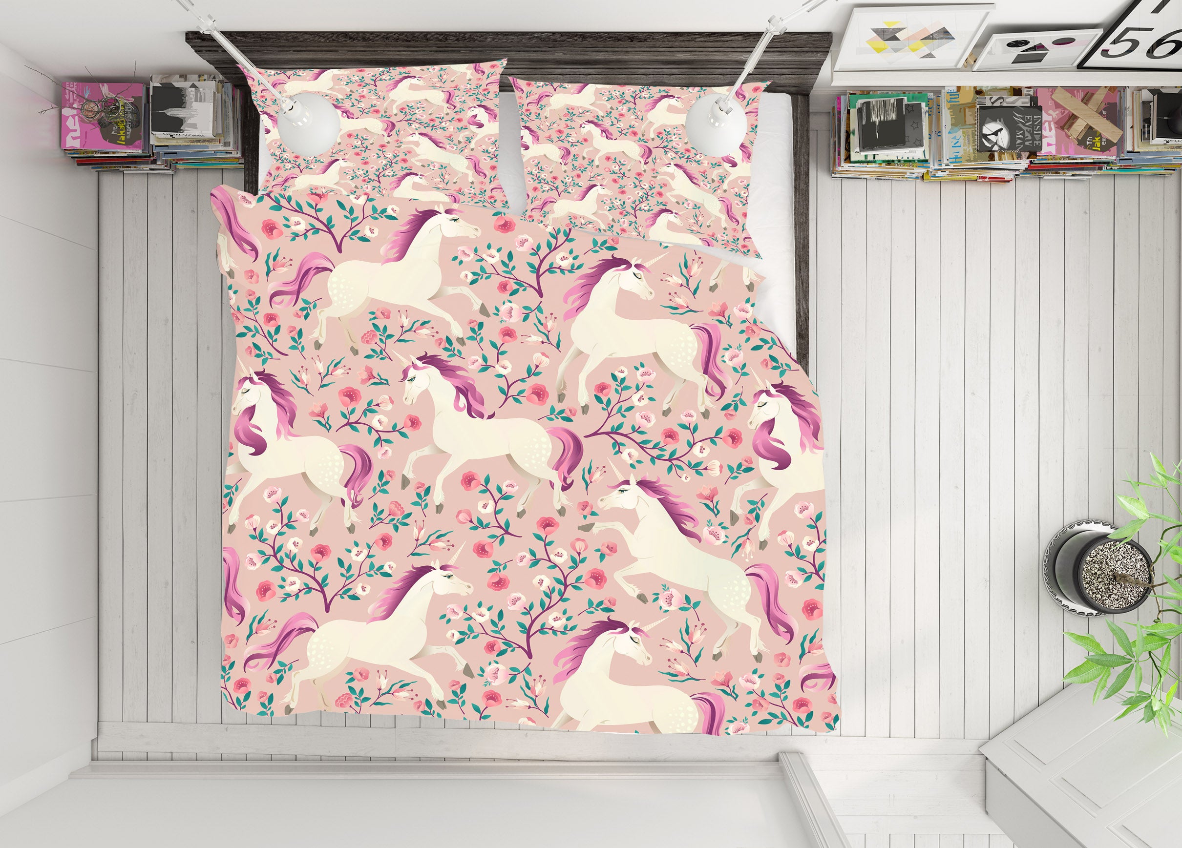 3D Flower Branch Purple Fur Unicorn 61046 Bed Pillowcases Quilt