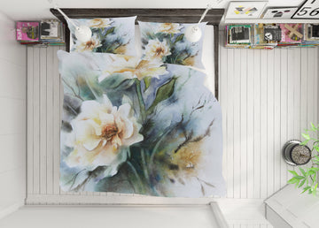 3D White Flowers 16090 Bed Pillowcases Quilt
