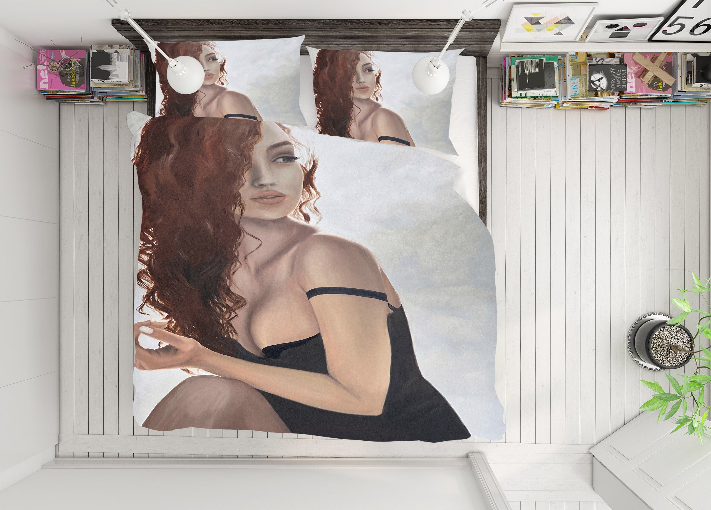 3D Woman Red Curly Hair Black Dress 9792 Marina Zotova Bedding Bed Pillowcases Quilt