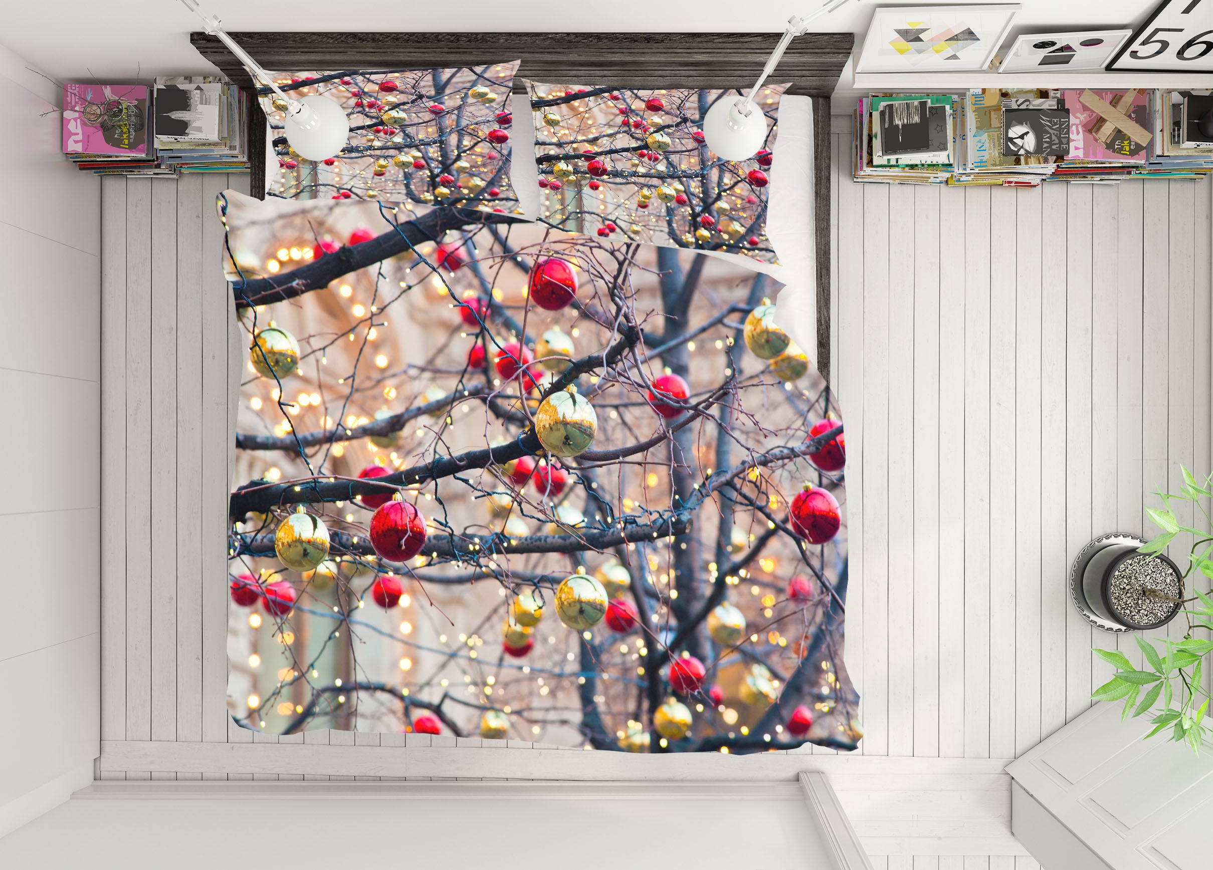 3D Branches Red Golden Ball 51099 Christmas Quilt Duvet Cover Xmas Bed Pillowcases