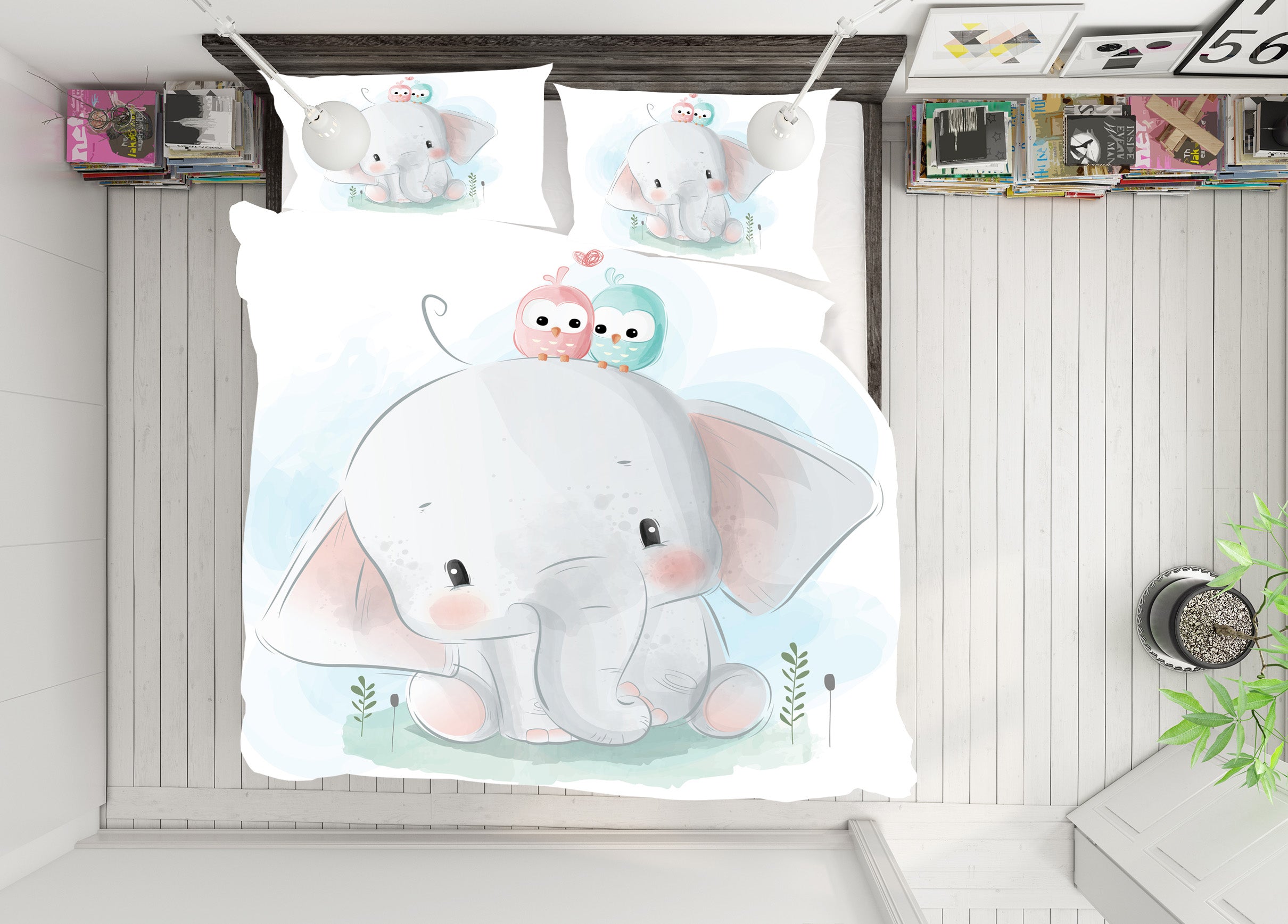 3D Cartoon Elephant Bird 59007 Bed Pillowcases Quilt