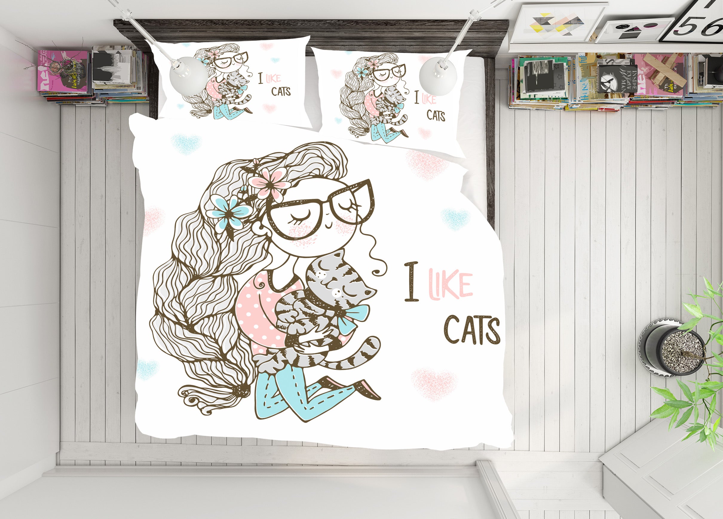 3D Glasses Girl Cat 59039 Bed Pillowcases Quilt