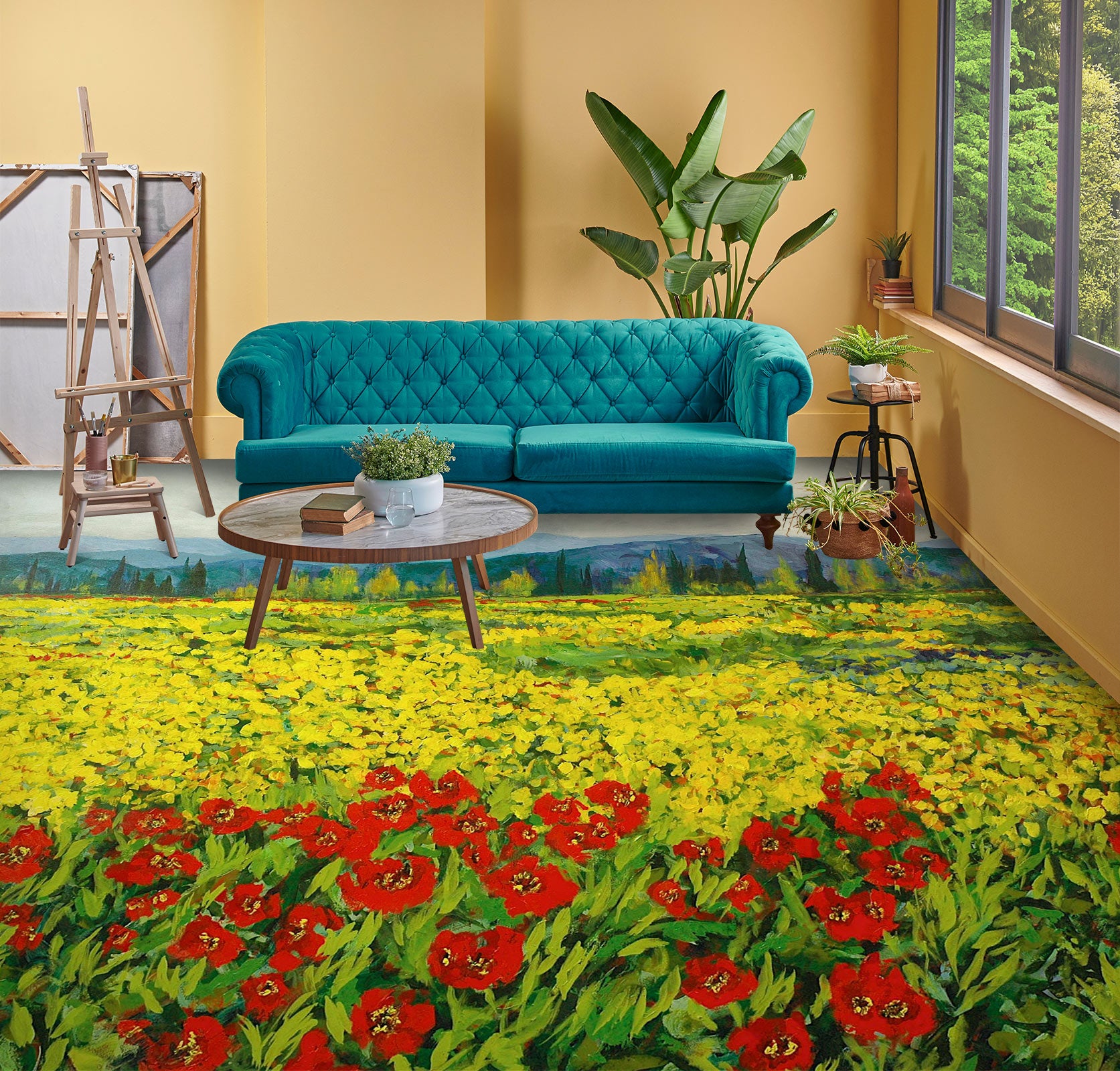 3D Red Yellow Flower Bush 9539 Allan P. Friedlander Floor Mural