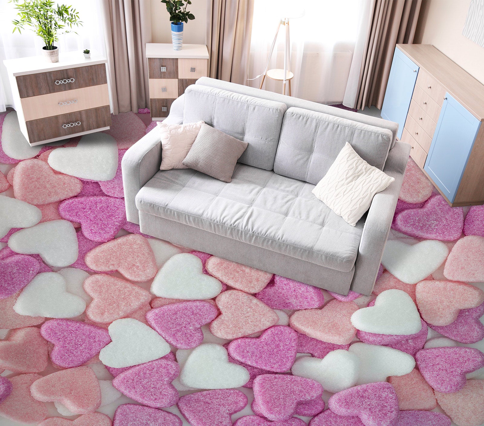 3D Pink White Heart 9870 Assaf Frank Floor Mural