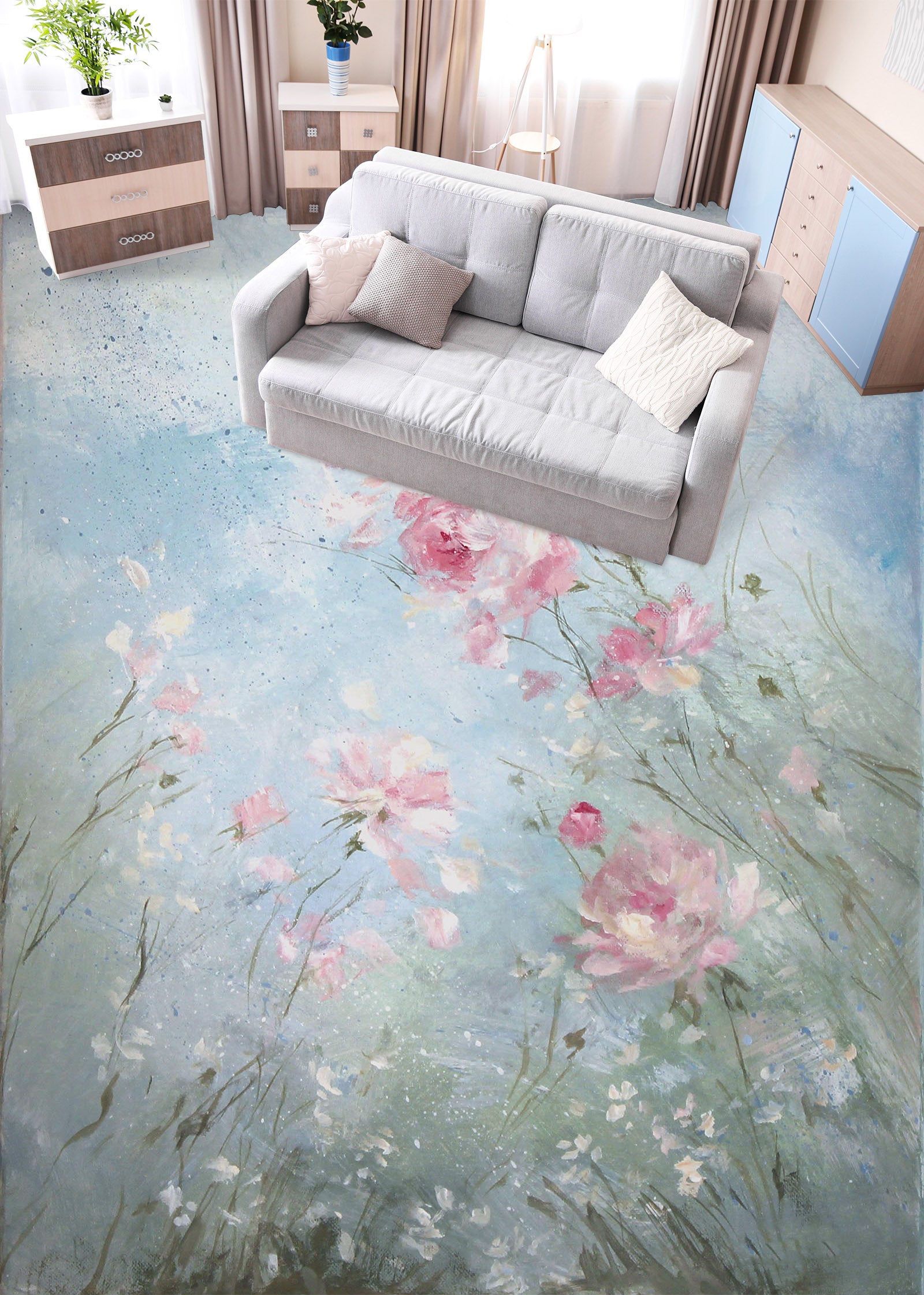 3D Pink Flower Branch 9944 Debi Coules Floor Mural