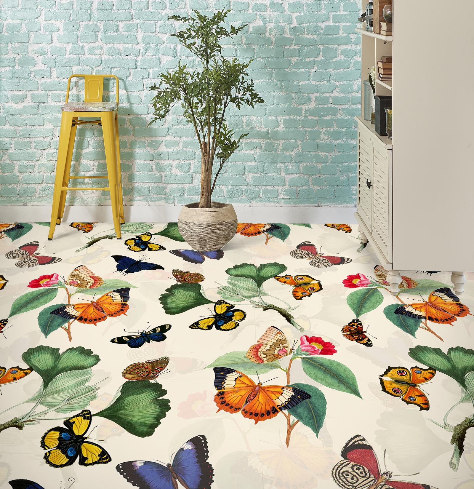 3D Colorful Butterfly Leaves 99218 Uta Naumann Floor Mural