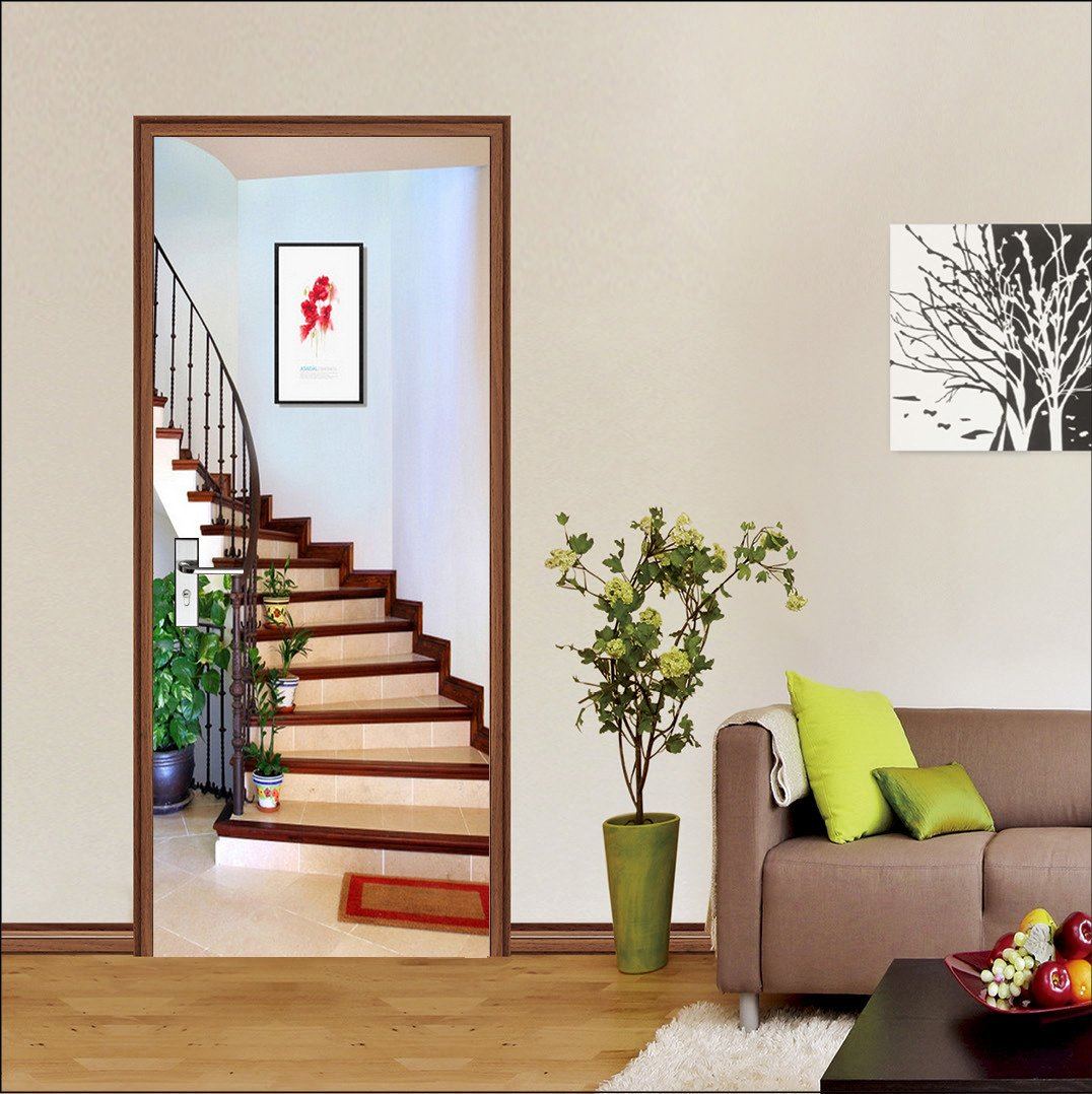 3D stairs flowerpot door mural Wallpaper AJ Wallpaper 