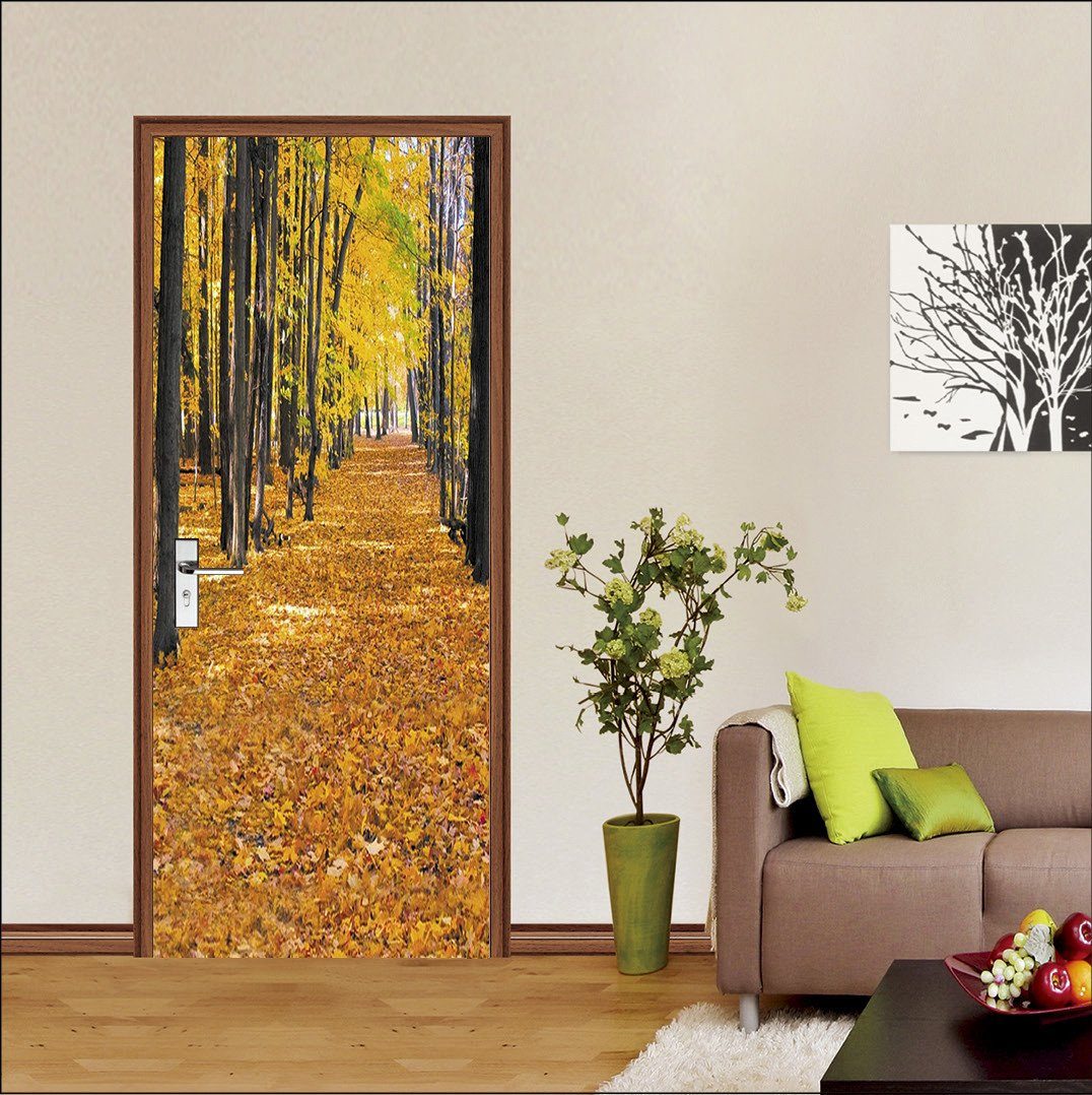 3D fallen leaves autumn trees door mural Wallpaper AJ Wallpaper 