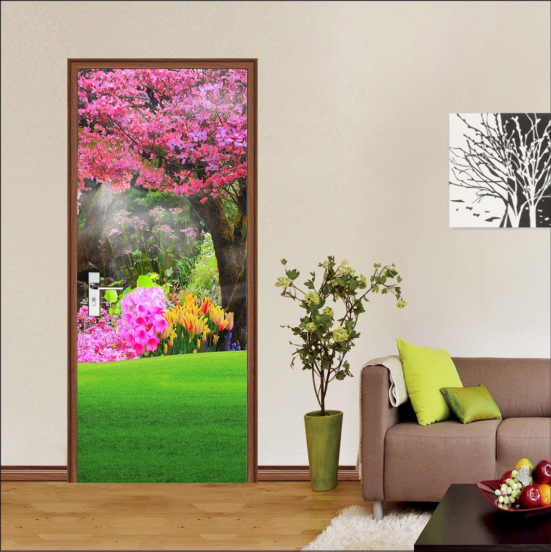 3D trees are blooming painting door mural Wallpaper AJ Wallpaper 