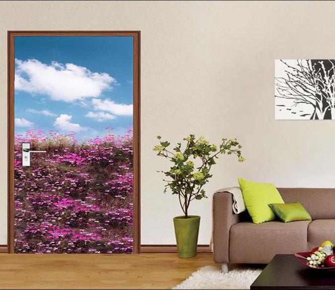 3D flower fields under the clouds door mural Wallpaper AJ Wallpaper 