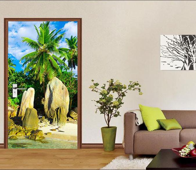 3D rockery palm tree stone door mural Wallpaper AJ Wallpaper 