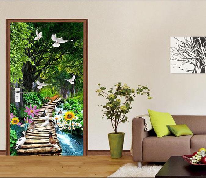 3D river wood bridge birds door mural Wallpaper AJ Wallpaper 