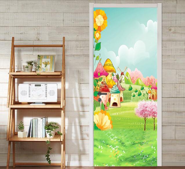 3D fairy tale flower castle painting door mural Wallpaper AJ Wallpaper 
