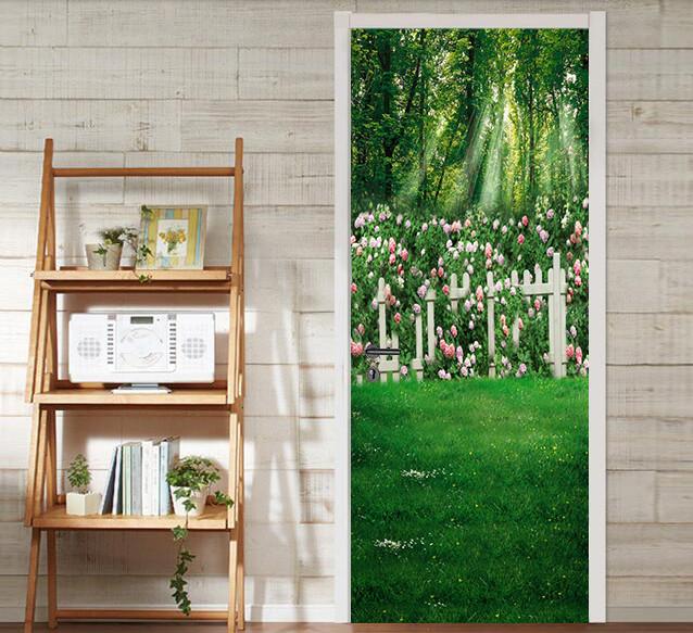 3D lawn flower Fence door mural Wallpaper AJ Wallpaper 