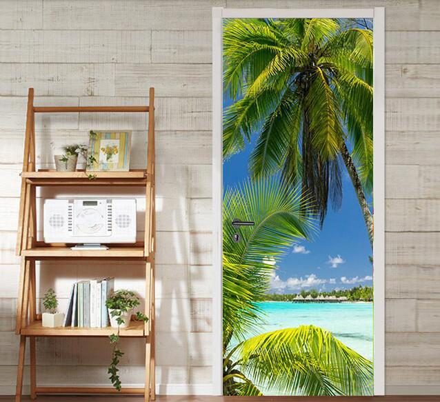 3D palm sea sky door mural Wallpaper AJ Wallpaper 