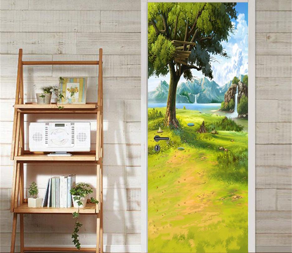 3D grass green trees river mountain door mural Wallpaper AJ Wallpaper 