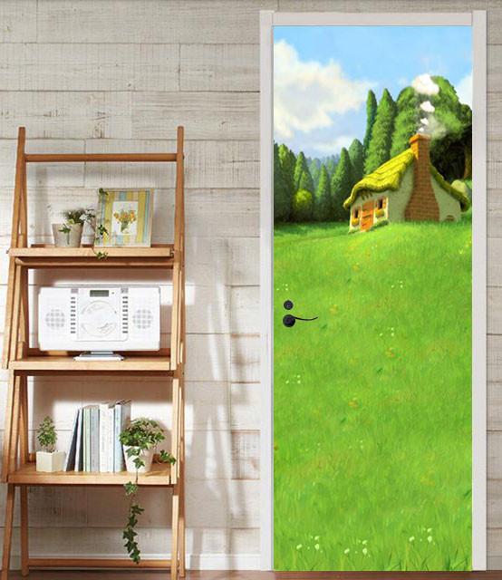 3D grassland woods log cabin painting door mural Wallpaper AJ Wallpaper 