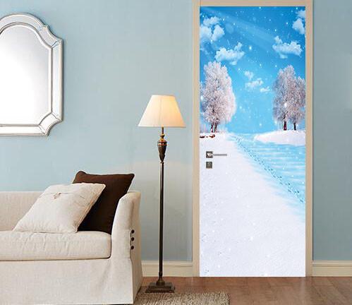 3D blue sky white clouds the snow tree door mural Wallpaper AJ Wallpaper 