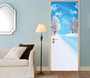 3D blue sky white clouds the snow tree door mural Wallpaper AJ Wallpaper 