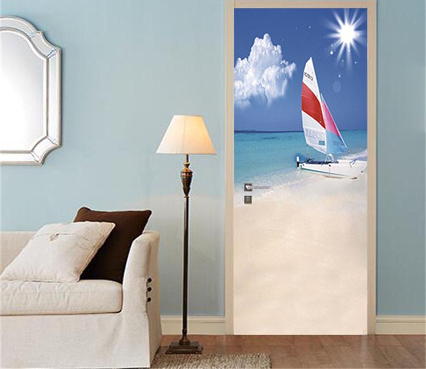 3D surfing sandy beach sea door mural Wallpaper AJ Wallpaper 