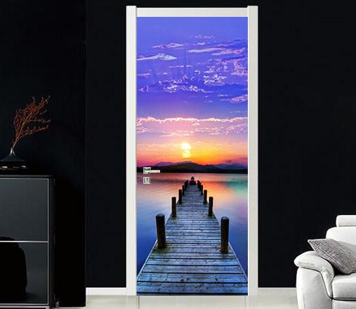 3D sunset glow lake plank bridge stump door mural Wallpaper AJ Wallpaper 