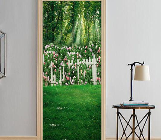 3D lawn flower Fence door mural Wallpaper AJ Wallpaper 