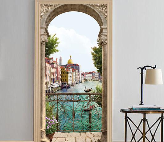 3D balcony Iron railing sea door mural Wallpaper AJ Wallpaper 