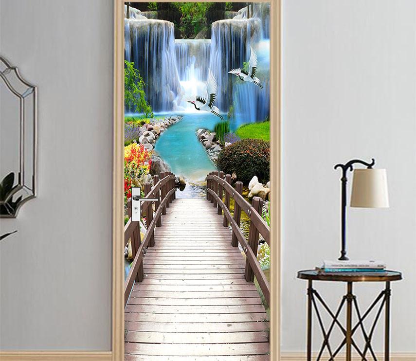 3D falls wooden bridge painting door mural Wallpaper AJ Wallpaper 