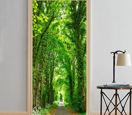 3D tree green trees street door mural Wallpaper AJ Wallpaper 