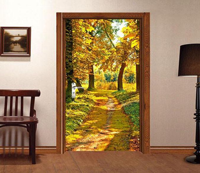 3D sunshine yellow leaves yellow road door mural Wallpaper AJ Wallpaper 