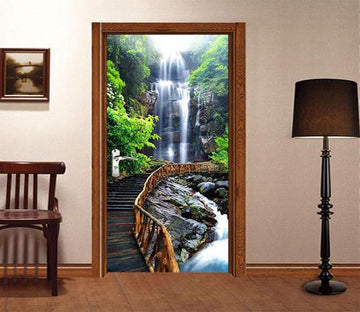 3D plank bridge under the waterfall door mural Wallpaper AJ Wallpaper 