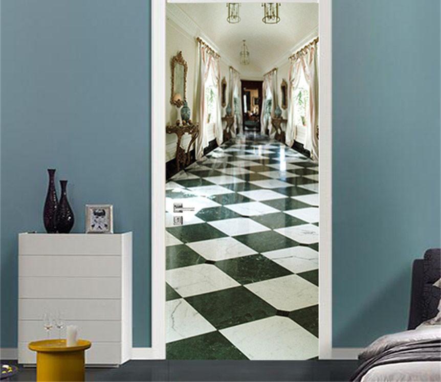 3D checker tiles and curtains door mural Wallpaper AJ Wallpaper 