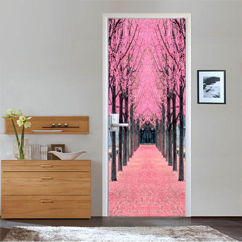3D flowers road trees door mural Wallpaper AJ Wallpaper 
