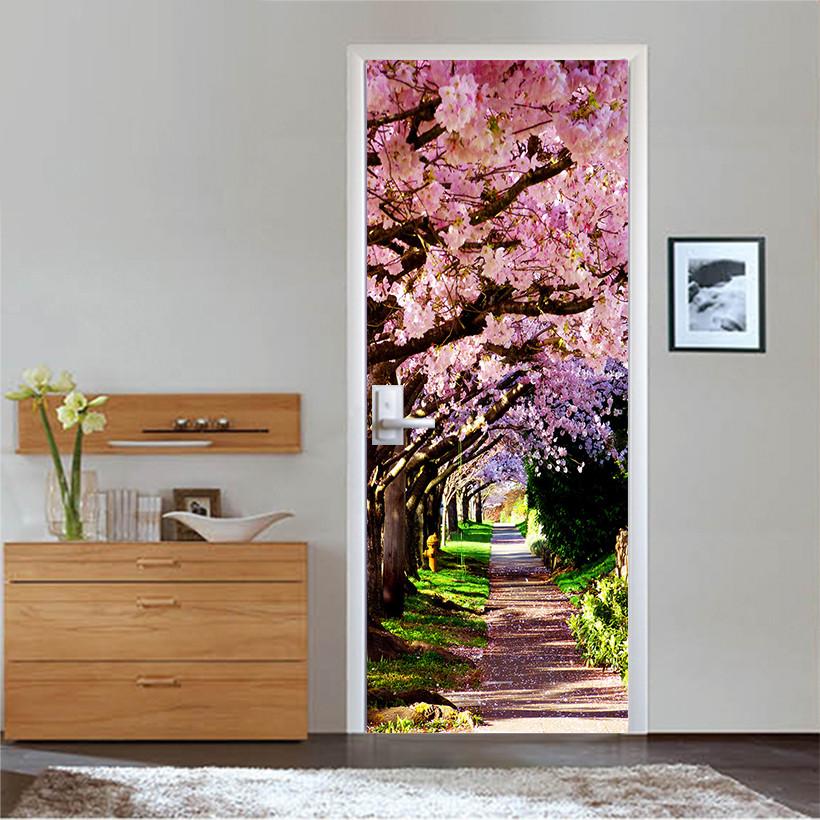 3D arow row blooming tree highway door mural Wallpaper AJ Wallpaper 