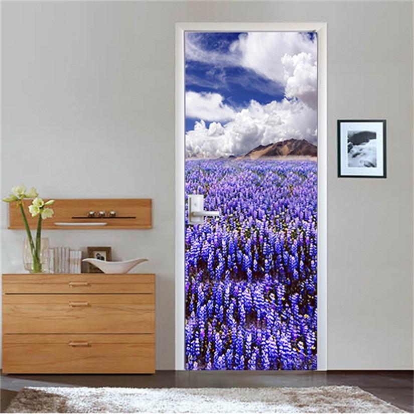 3D lavender fields under the clouds door mural Wallpaper AJ Wallpaper 