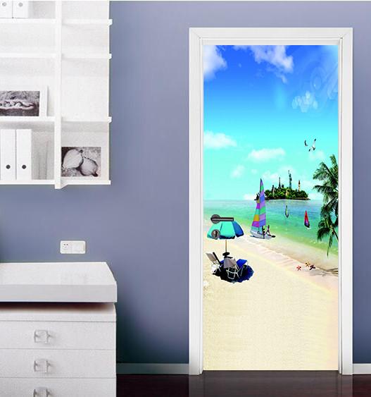3D sandy beach blue sky sailing door mural Wallpaper AJ Wallpaper 