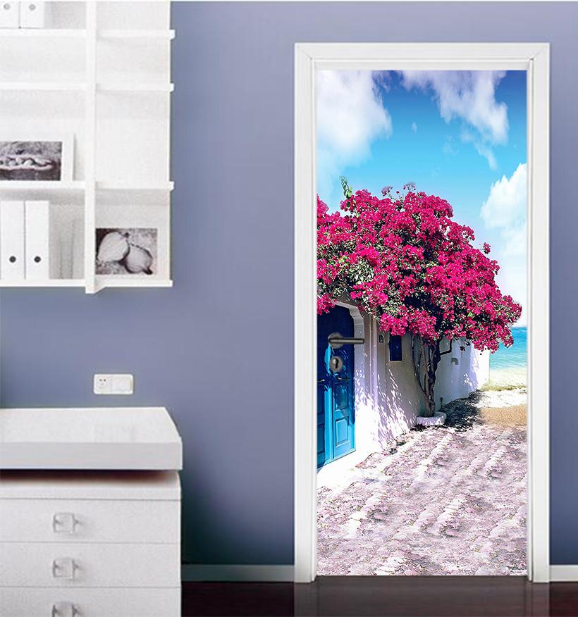3D flowering trees and the sea door mural Wallpaper AJ Wallpaper 