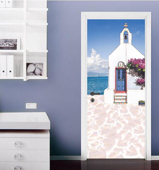 3D beside the sea white House door mural Wallpaper AJ Wallpaper 