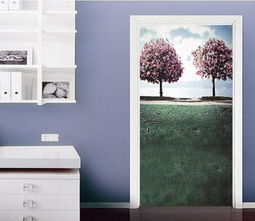 3D two flowering trees grassland door mural Wallpaper AJ Wallpaper 