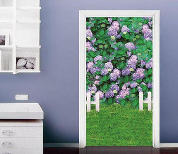 3D purple flowers grassland fence door mural Wallpaper AJ Wallpaper 