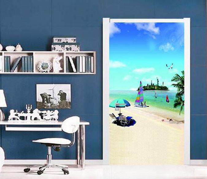 3D sandy beach blue sky sailing door mural Wallpaper AJ Wallpaper 