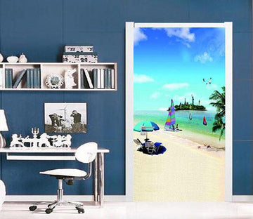 3D sandy beach blue sky sailing door mural Wallpaper AJ Wallpaper 
