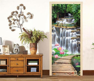 3D lotus and waterfall door mural Wallpaper AJ Wallpaper 
