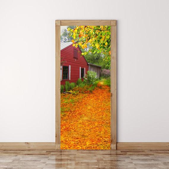 3D fallen leaves house door mural Wallpaper AJ Wallpaper 